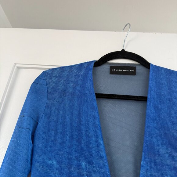 Louisa Ballou Mini Dress Semi-Sheer Blue Mesh Printed Deep V-Neck Ring Accent - Picture 7 of 9